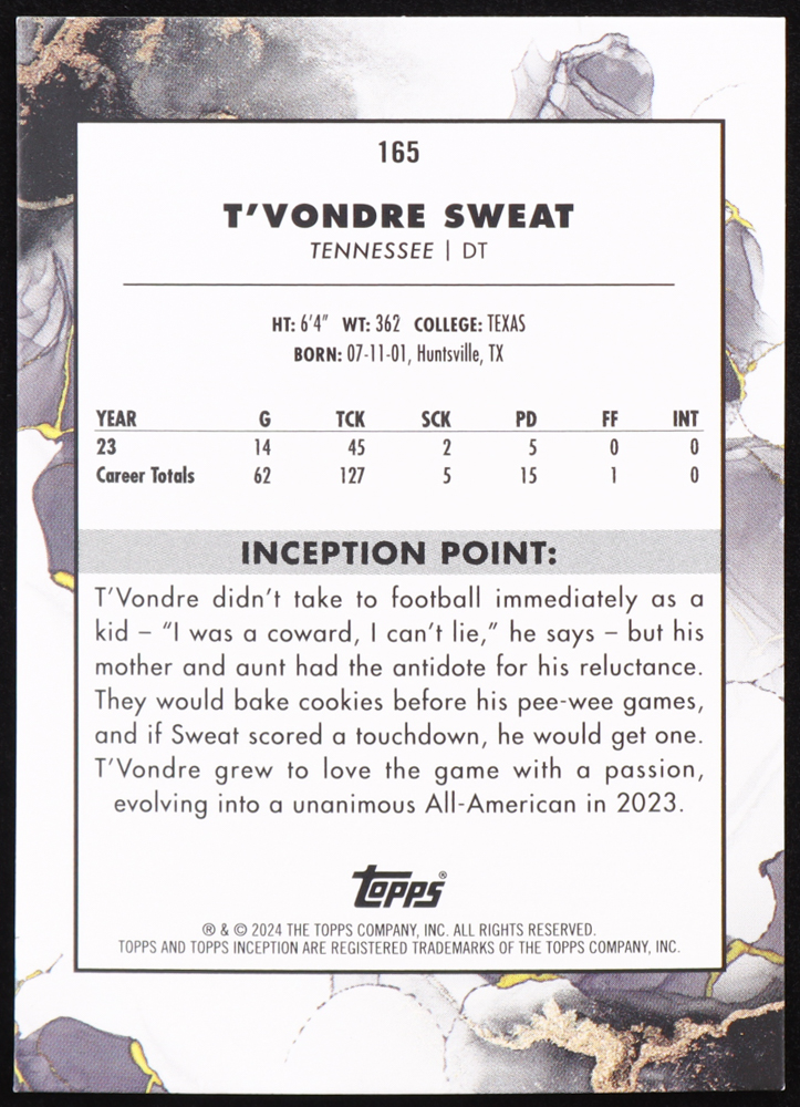 T'vondre Sweat 2024 Topps Inception #165 RC at PristineAuction.com T'vondre Sweat 2024 Topps Inception #165 RC at PristineAuction.com
