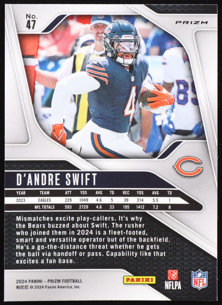 D'andre Swift 2024 Panini Prizm Prizms Purple Pulsar #47 at PristineAuction.com D'andre Swift 2024 Panini Prizm Prizms Purple Pulsar #47 at PristineAuction.com