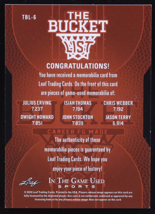 2024 ITG Used Sports The Bucket List Crystal Rainbow #TBL6 #34/35 Julius Erving / Isiah Thomas / Chris Webber / Dwight Howard / John Stockton / Jason Terry at PristineAuction.com 2024 ITG Used Sports The Bucket List Crystal Rainbow #TBL6 #34/35 Julius Erving / Isiah Thomas / Chris Webber / Dwight Howard / John Stockton / Jason Terry at PristineAuction.com