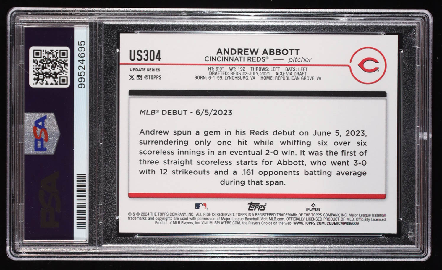 Andrew Abbott 2024 Topps Update #US304 RC (PSA 9) at PristineAuction.com Andrew Abbott 2024 Topps Update #US304 RC (PSA 9) at PristineAuction.com
