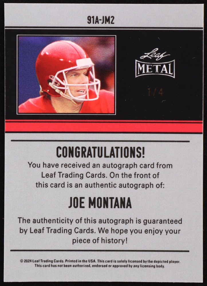 Joe Montana Signed 2024 Leaf Metal Mojo Green #91A-JM2 #1/4 at PristineAuction.com Joe Montana Signed 2024 Leaf Metal Mojo Green #91A-JM2 #1/4 at PristineAuction.com