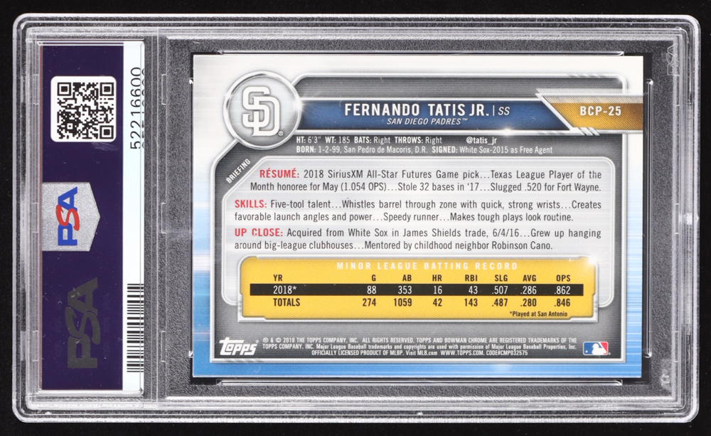 Fernando Tatis Jr. 2019 Bowman Chrome Prospects #BCP25 RC (PSA 10) at PristineAuction.com Fernando Tatis Jr. 2019 Bowman Chrome Prospects #BCP25 RC (PSA 10) at PristineAuction.com