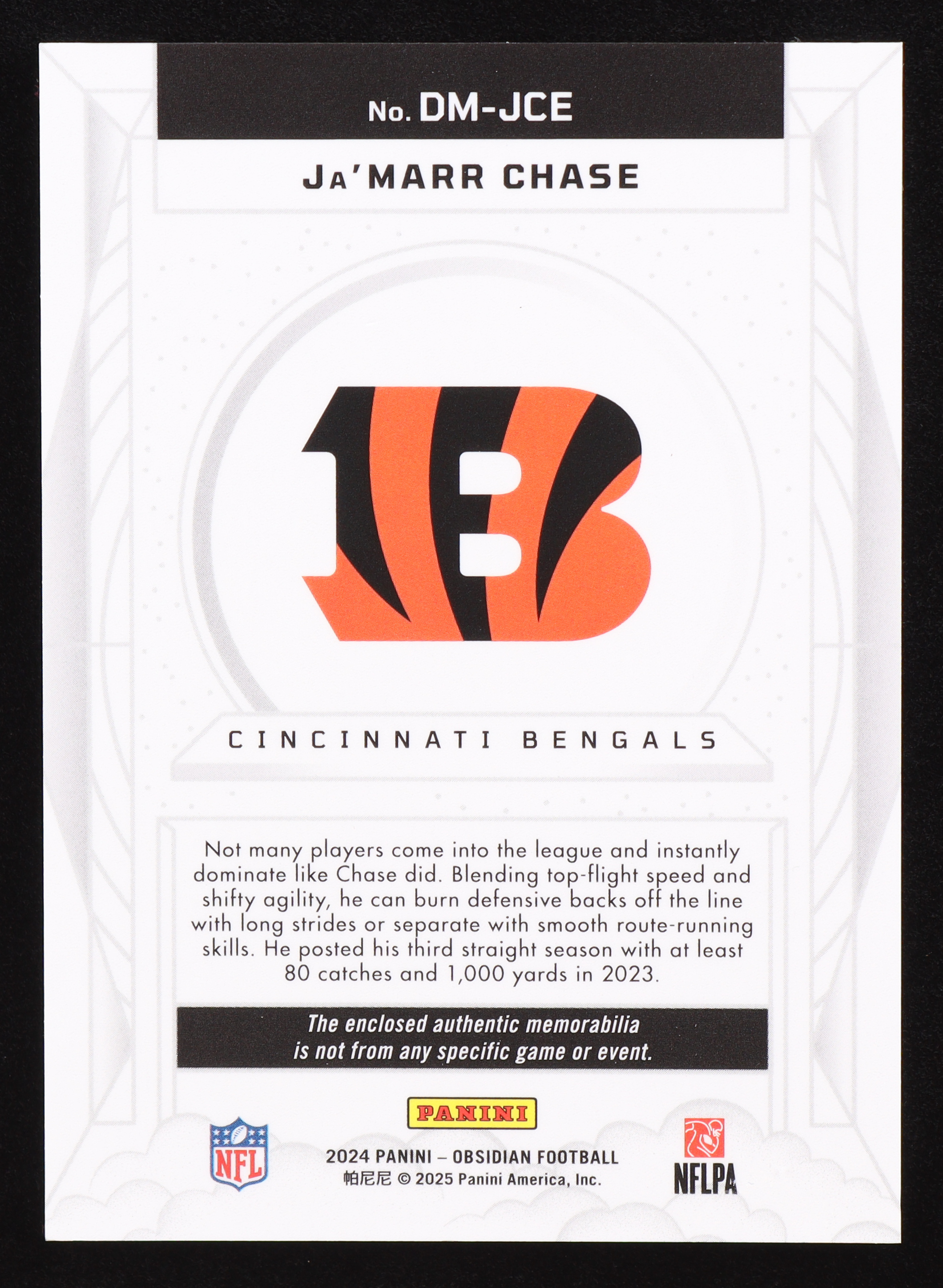 Ja'Marr Chase 2024 Panini Obsidian Dusk Memorabilia #15 at PristineAuction.com Ja'Marr Chase 2024 Panini Obsidian Dusk Memorabilia #15 at PristineAuction.com