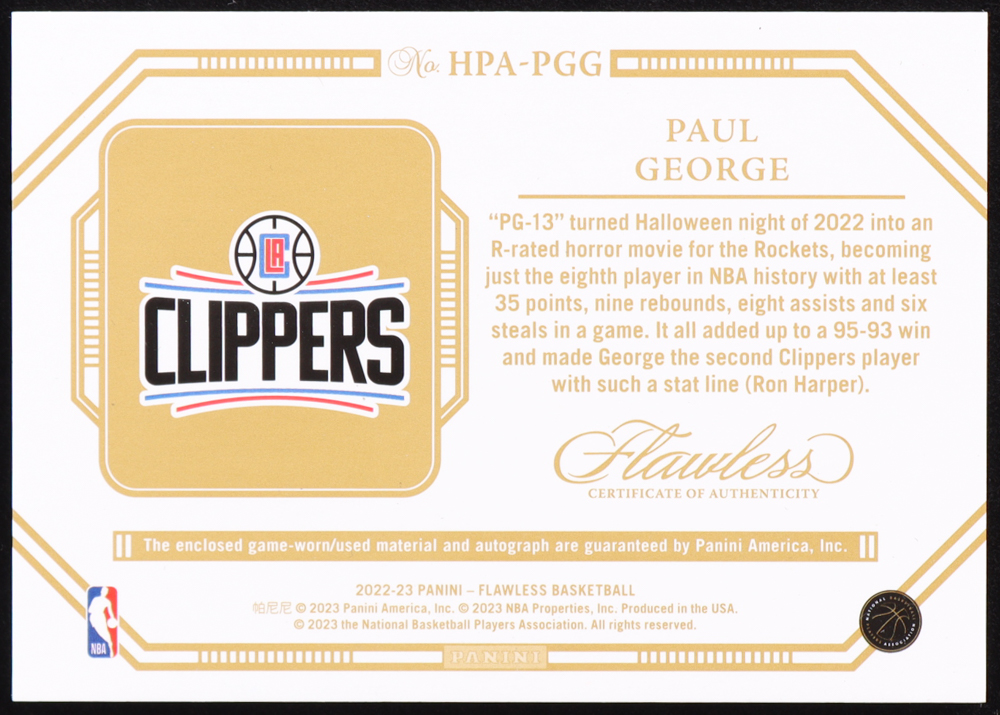 Paul George Signed 2022-23 Panini Flawless Horizontal Patch Autographs #19 #7/25 at PristineAuction.com Paul George Signed 2022-23 Panini Flawless Horizontal Patch Autographs #19 #7/25 at PristineAuction.com