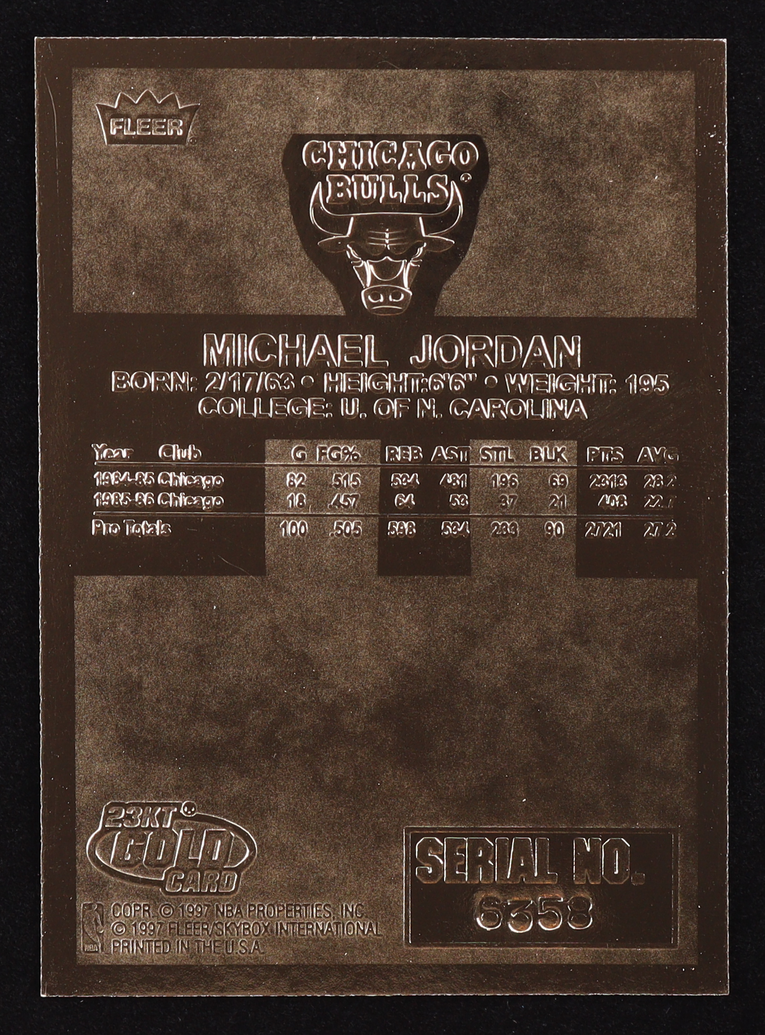 Michael Jordan 1997 Fleer Premier Signature Series Red Holo Refractor 23Kt Gold Card #6358 at PristineAuction.com Michael Jordan 1997 Fleer Premier Signature Series Red Holo Refractor 23Kt Gold Card #6358 at PristineAuction.com
