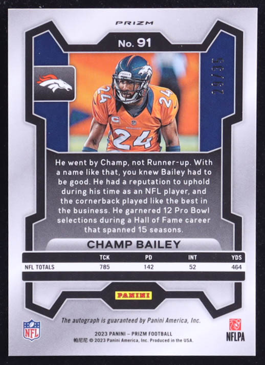 Champ Bailey 2023 Panini Prizm Autographs Red Shimmer Prizms #91 #29/35 at PristineAuction.com Champ Bailey 2023 Panini Prizm Autographs Red Shimmer Prizms #91 #29/35 at PristineAuction.com