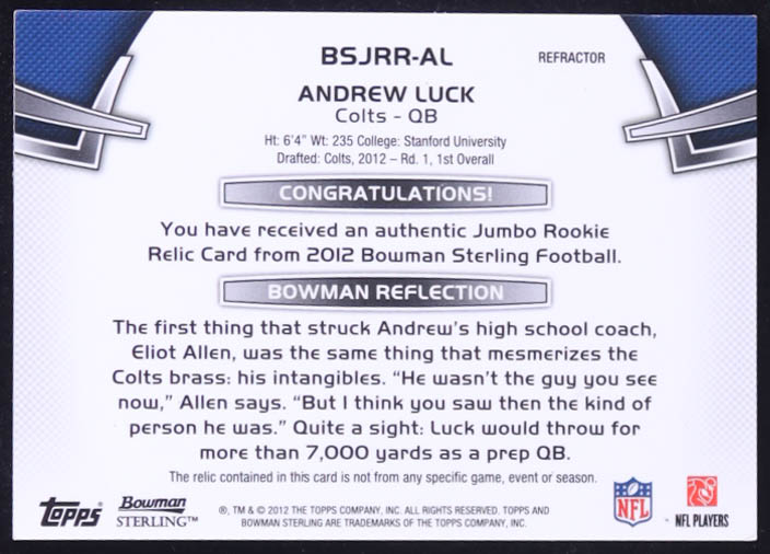 Andrew Luck 2012 Bowman Sterling Gold Refractors #BSJRRAL Jersey RC #41/65 at PristineAuction.com Andrew Luck 2012 Bowman Sterling Gold Refractors #BSJRRAL Jersey RC #41/65 at PristineAuction.com