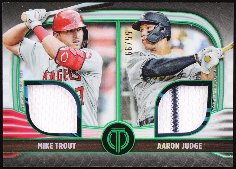 Mike Trout / Aaron Judge 2022 Topps Tribute Dual Player Relics Green #DR2TJ #55/99 at PristineAuction.com Mike Trout / Aaron Judge 2022 Topps Tribute Dual Player Relics Green #DR2TJ #55/99 at PristineAuction.com
