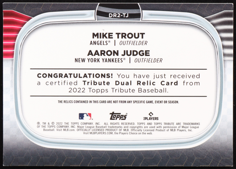 Mike Trout / Aaron Judge 2022 Topps Tribute Dual Player Relics Green #DR2TJ #55/99 at PristineAuction.com Mike Trout / Aaron Judge 2022 Topps Tribute Dual Player Relics Green #DR2TJ #55/99 at PristineAuction.com