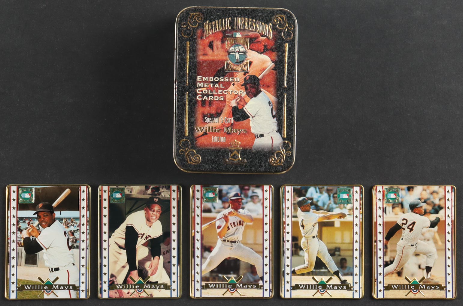 Complete Set of (5) Willie Mays Metallic Impressions Cooperstown Embossed Metal Collector Cards in Original Tin at PristineAuction.com Complete Set of (5) Willie Mays Metallic Impressions Cooperstown Embossed Metal Collector Cards in Original Tin at PristineAuction.com