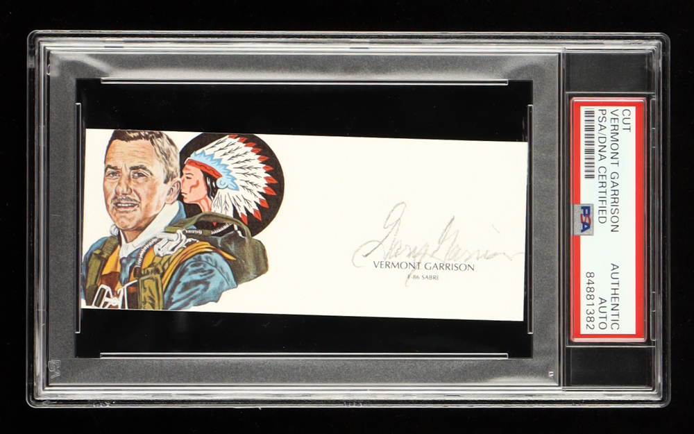 Vermont Garrison Signed 3x5 Cut with Portrait Korean War Ace 17.333 Victories (PSA) at PristineAuction.com Vermont Garrison Signed 3x5 Cut with Portrait Korean War Ace 17.333 Victories (PSA) at PristineAuction.com