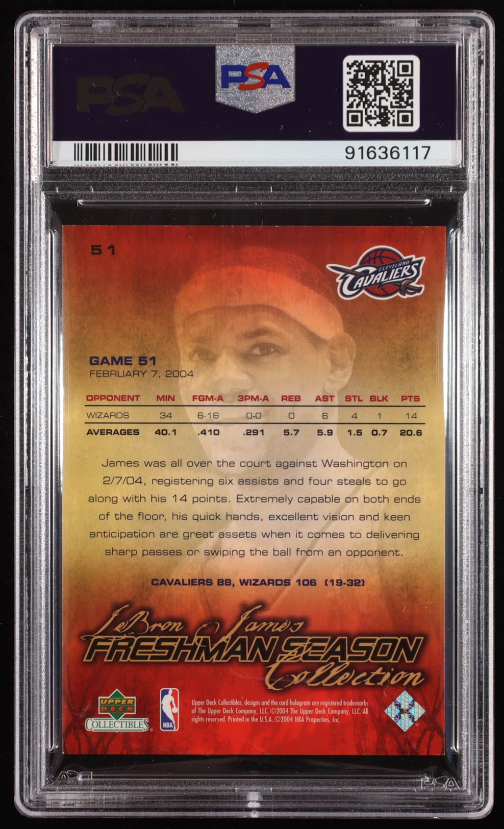 LeBron James 2004 Upper Deck LeBron James Freshman Season #51 (PSA 9) at PristineAuction.com LeBron James 2004 Upper Deck LeBron James Freshman Season #51 (PSA 9) at PristineAuction.com