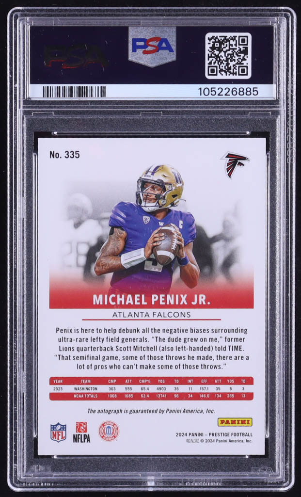 Michael Penix Jr. 2024 Prestige Xtra Points Signatures Premium Red #335 RC #5/199 (PSA 9) at PristineAuction.com Michael Penix Jr. 2024 Prestige Xtra Points Signatures Premium Red #335 RC #5/199 (PSA 9) at PristineAuction.com