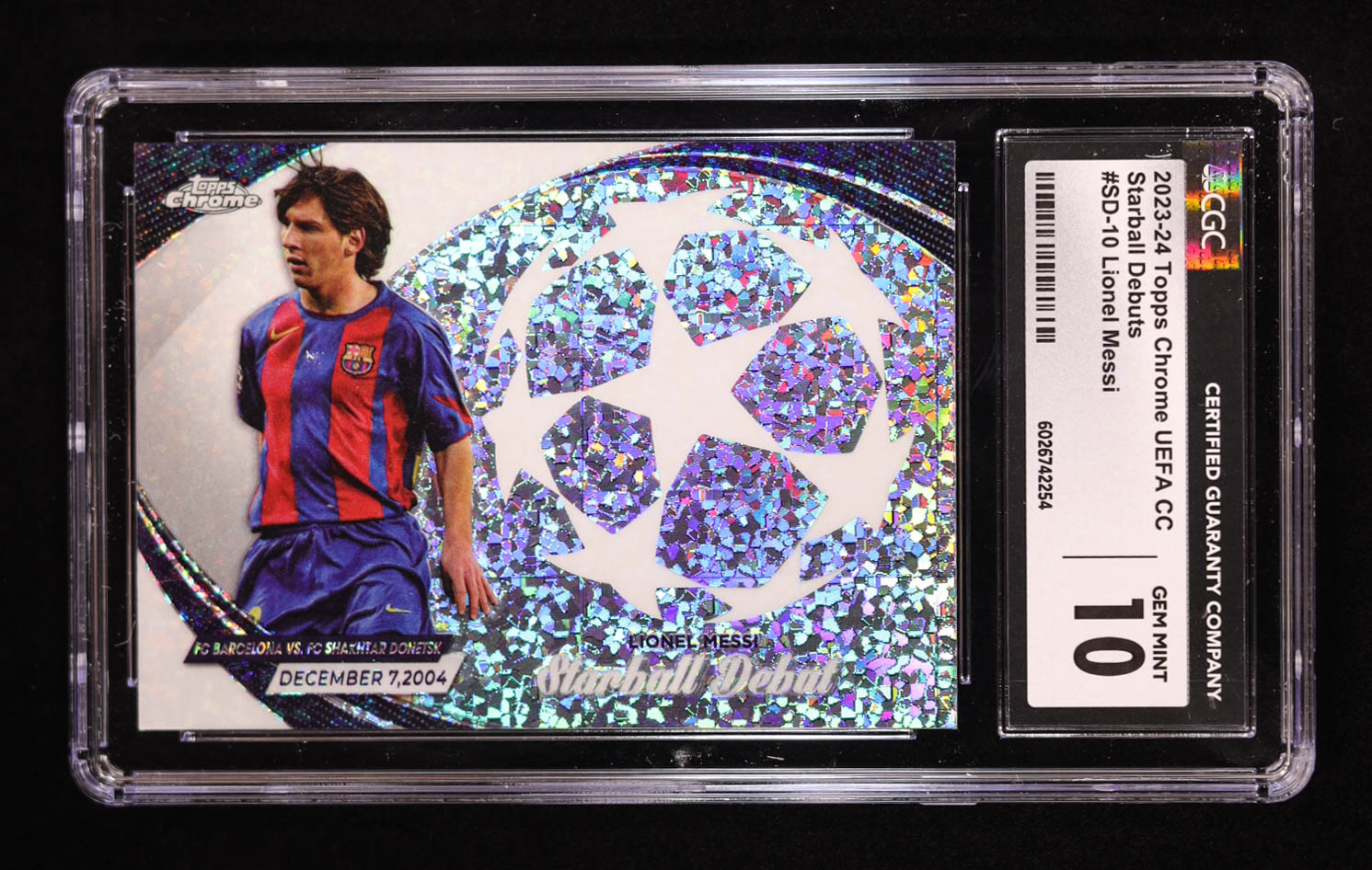 Lionel Messi 2023-24 Topps Chrome UEFA Club Competitions Starball Debuts #SD10 (CGC 10) at PristineAuction.com Lionel Messi 2023-24 Topps Chrome UEFA Club Competitions Starball Debuts #SD10 (CGC 10) at PristineAuction.com