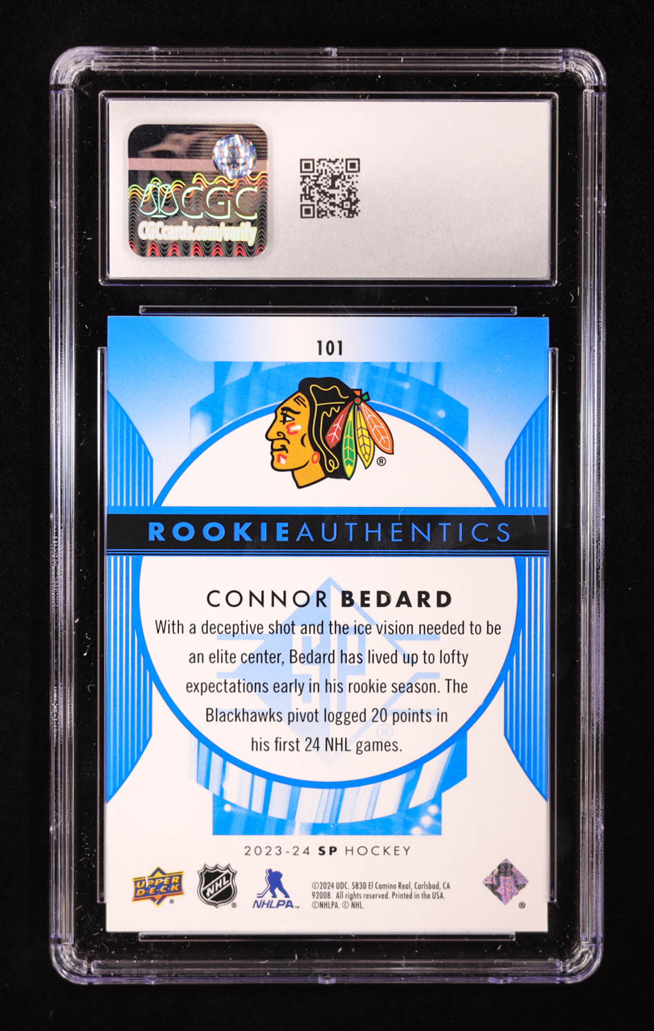 Connor Bedard 2023-24 SP Blue #101 RC (CGC 10) at PristineAuction.com Connor Bedard 2023-24 SP Blue #101 RC (CGC 10) at PristineAuction.com