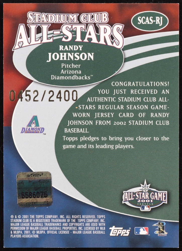 Randy Johnson 2002 Stadium Club All-Star Relics Jsy G4 #SCASRJ #452/2400 at PristineAuction.com Randy Johnson 2002 Stadium Club All-Star Relics Jsy G4 #SCASRJ #452/2400 at PristineAuction.com