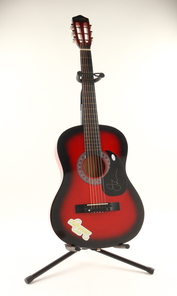John Stamos Signed 38" Acoustic Guitar with Beach Boys Sticker & Display Stand (JSA) at PristineAuction.com John Stamos Signed 38" Acoustic Guitar with Beach Boys Sticker & Display Stand (JSA) at PristineAuction.com