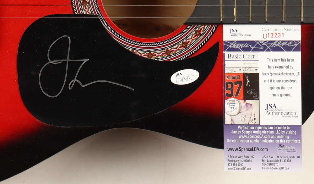 John Stamos Signed 38" Acoustic Guitar with Beach Boys Sticker & Display Stand (JSA) at PristineAuction.com John Stamos Signed 38" Acoustic Guitar with Beach Boys Sticker & Display Stand (JSA) at PristineAuction.com