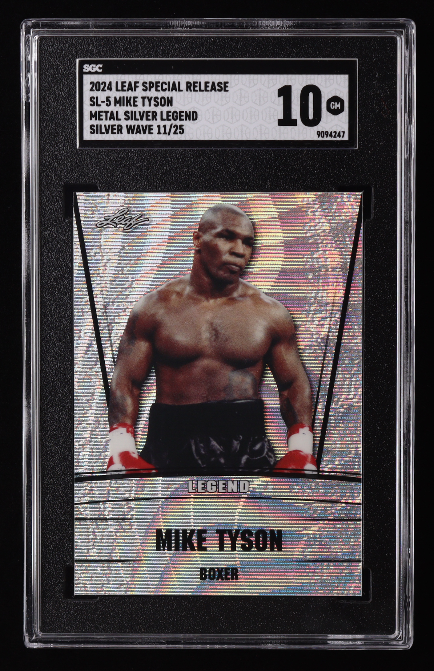 Mike Tyson 2024 Leaf Special Release Metal Silver Legend Silver Wave #SL5 #11/25 (SGC 10) at PristineAuction.com Mike Tyson 2024 Leaf Special Release Metal Silver Legend Silver Wave #SL5 #11/25 (SGC 10) at PristineAuction.com