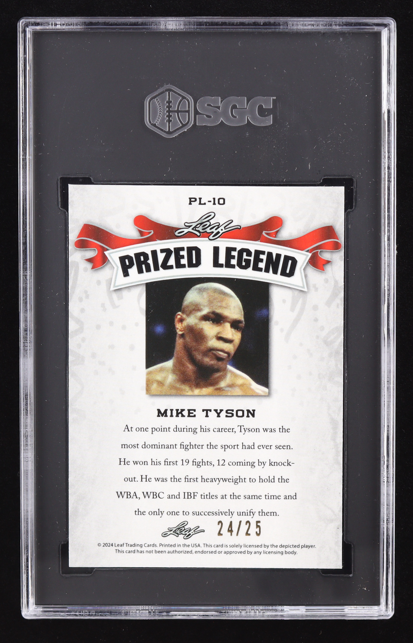 Mike Tyson 2024 Leaf Special Release Metal Prized Legend Silver Wave #PL10 #24/25 (SGC 10) at PristineAuction.com Mike Tyson 2024 Leaf Special Release Metal Prized Legend Silver Wave #PL10 #24/25 (SGC 10) at PristineAuction.com