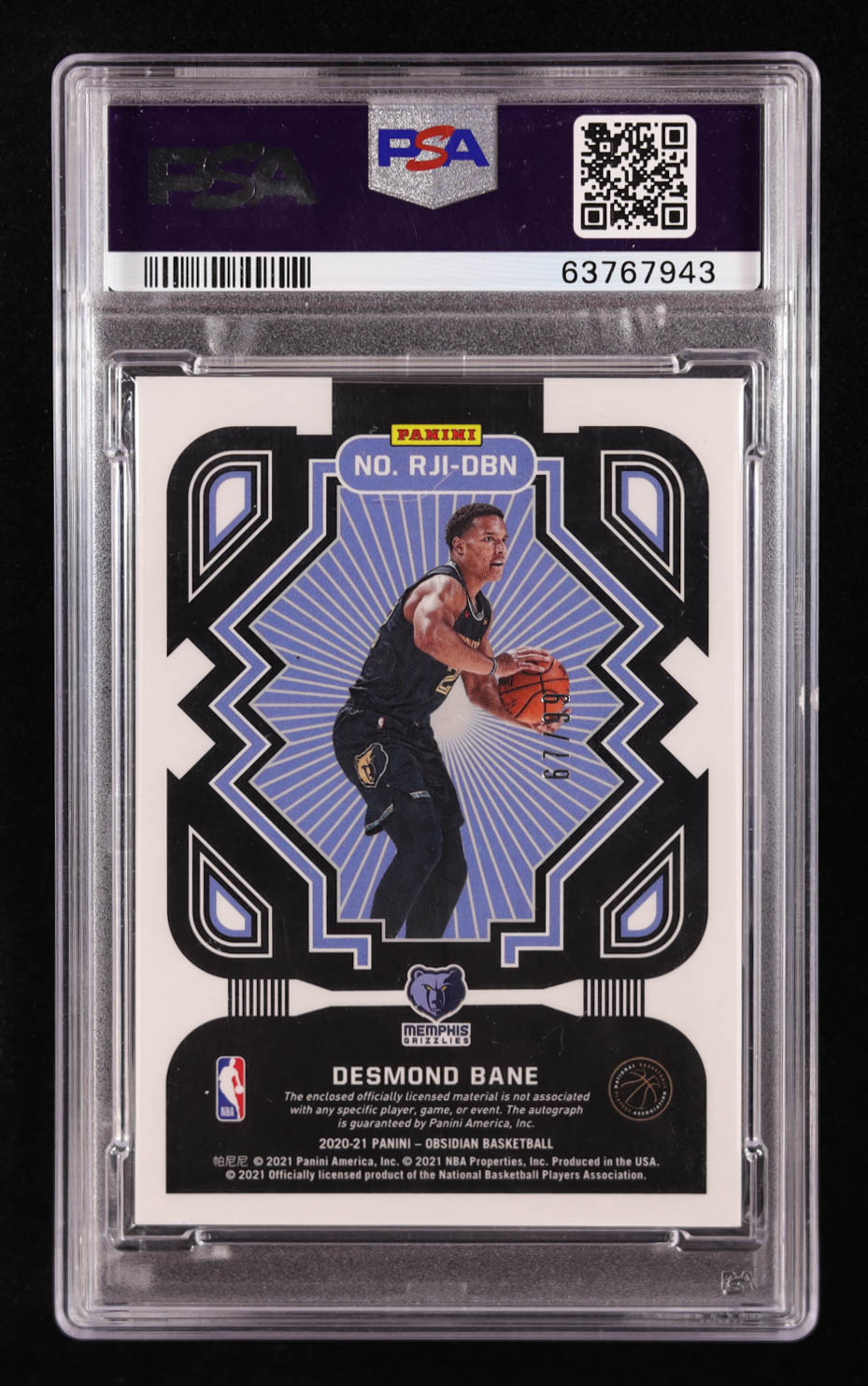 Desmond Bane 2020-21 Panini Obsidian Rookie Jersey Ink #32 #67/99 RC (PSA 9) at PristineAuction.com Desmond Bane 2020-21 Panini Obsidian Rookie Jersey Ink #32 #67/99 RC (PSA 9) at PristineAuction.com