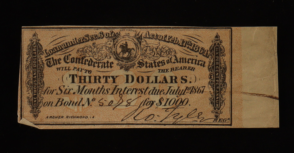 1864 $30 Confederate States of America CSA Bank Note Bond at PristineAuction.com 1864 $30 Confederate States of America CSA Bank Note Bond at PristineAuction.com