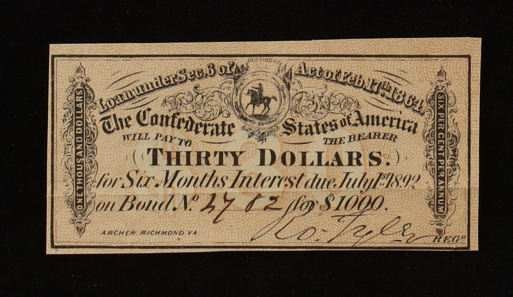 1864 $30 Confederate States of America CSA Bank Note Bond at PristineAuction.com 1864 $30 Confederate States of America CSA Bank Note Bond at PristineAuction.com