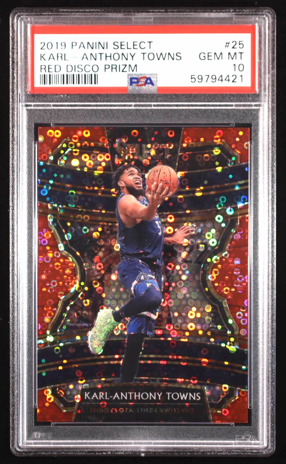 Karl-Anthony Towns 2019-20 Select Prizms Disco Red #25 #13/49 (PSA 10) at PristineAuction.com Karl-Anthony Towns 2019-20 Select Prizms Disco Red #25 #13/49 (PSA 10) at PristineAuction.com
