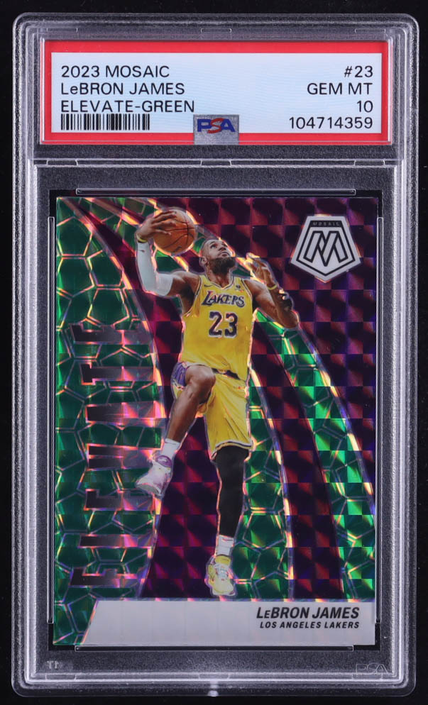 LeBron James 2023-24 Panini Mosaic Elevate Mosaic Green #23 (PSA 10) at PristineAuction.com LeBron James 2023-24 Panini Mosaic Elevate Mosaic Green #23 (PSA 10) at PristineAuction.com