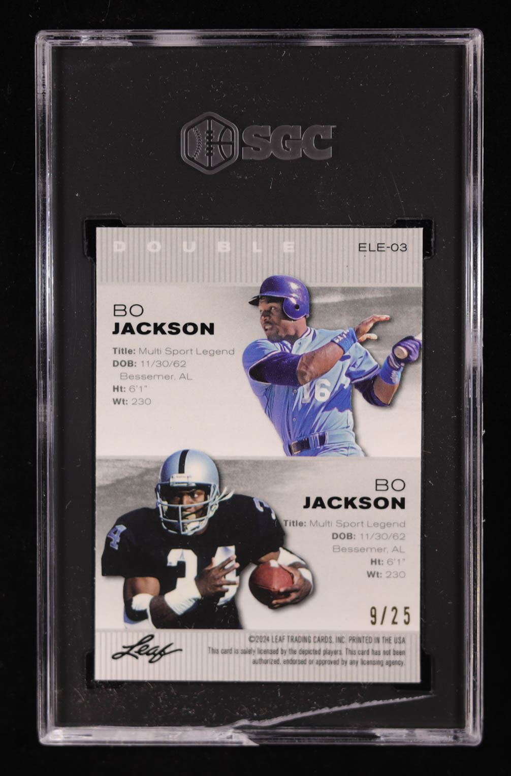 Bo Jackson 2024 Leaf Special Release Metal Exclusive Legends Edition Silver Wave #ELE03 #9/25 (SGC 10) at PristineAuction.com Bo Jackson 2024 Leaf Special Release Metal Exclusive Legends Edition Silver Wave #ELE03 #9/25 (SGC 10) at PristineAuction.com