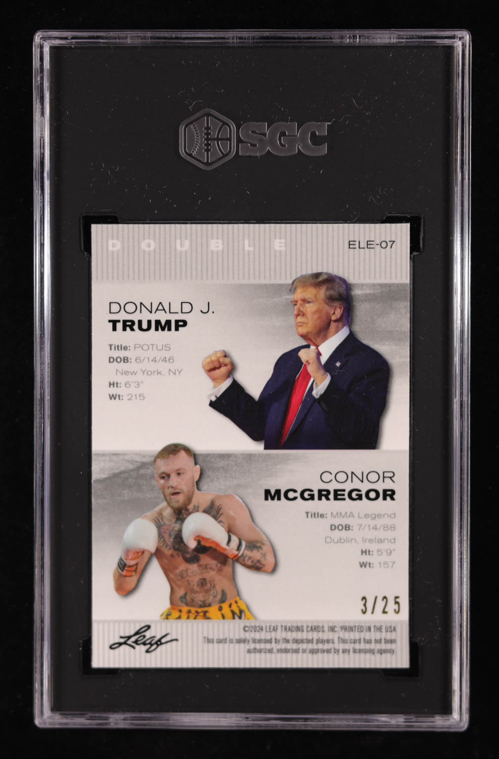 Donald Trump / Conor McGregor 2024 Leaf Special Release Metal Exclusive Legends Edition Silver Wave #ELE07 #03/25 (SGC 10) at PristineAuction.com Donald Trump / Conor McGregor 2024 Leaf Special Release Metal Exclusive Legends Edition Silver Wave #ELE07 #03/25 (SGC 10) at PristineAuction.com