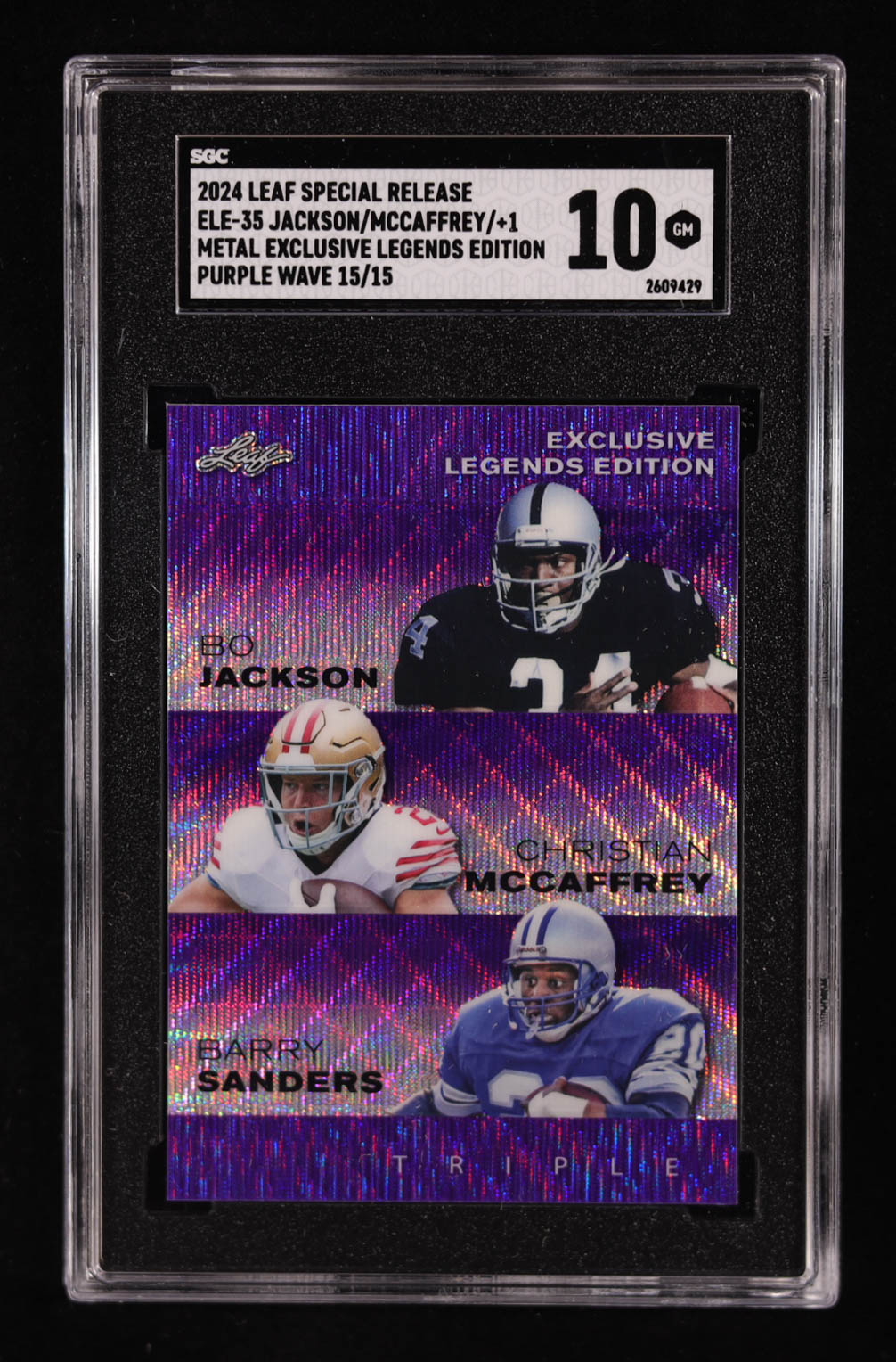 Bo Jackson / Christian McCaffrey / Barry Sanders 2024 Leaf Special Release Metal Exclusive Legends Edition Purple Wave #ELE35 #15/15 (SGC 10) at PristineAuction.com Bo Jackson / Christian McCaffrey / Barry Sanders 2024 Leaf Special Release Metal Exclusive Legends Edition Purple Wave #ELE35 #15/15 (SGC 10) at PristineAuction.com