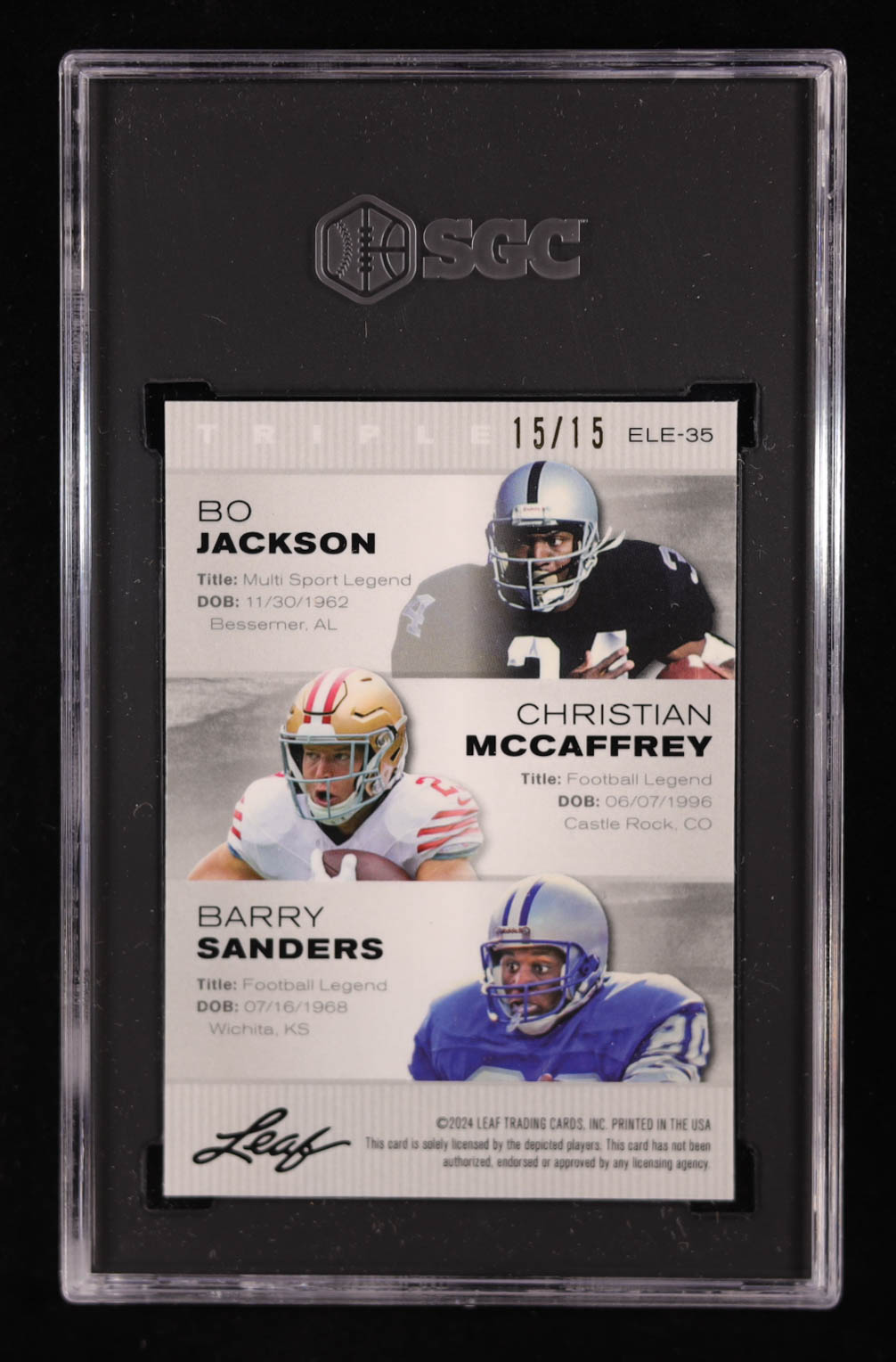 Bo Jackson / Christian McCaffrey / Barry Sanders 2024 Leaf Special Release Metal Exclusive Legends Edition Purple Wave #ELE35 #15/15 (SGC 10) at PristineAuction.com Bo Jackson / Christian McCaffrey / Barry Sanders 2024 Leaf Special Release Metal Exclusive Legends Edition Purple Wave #ELE35 #15/15 (SGC 10) at PristineAuction.com
