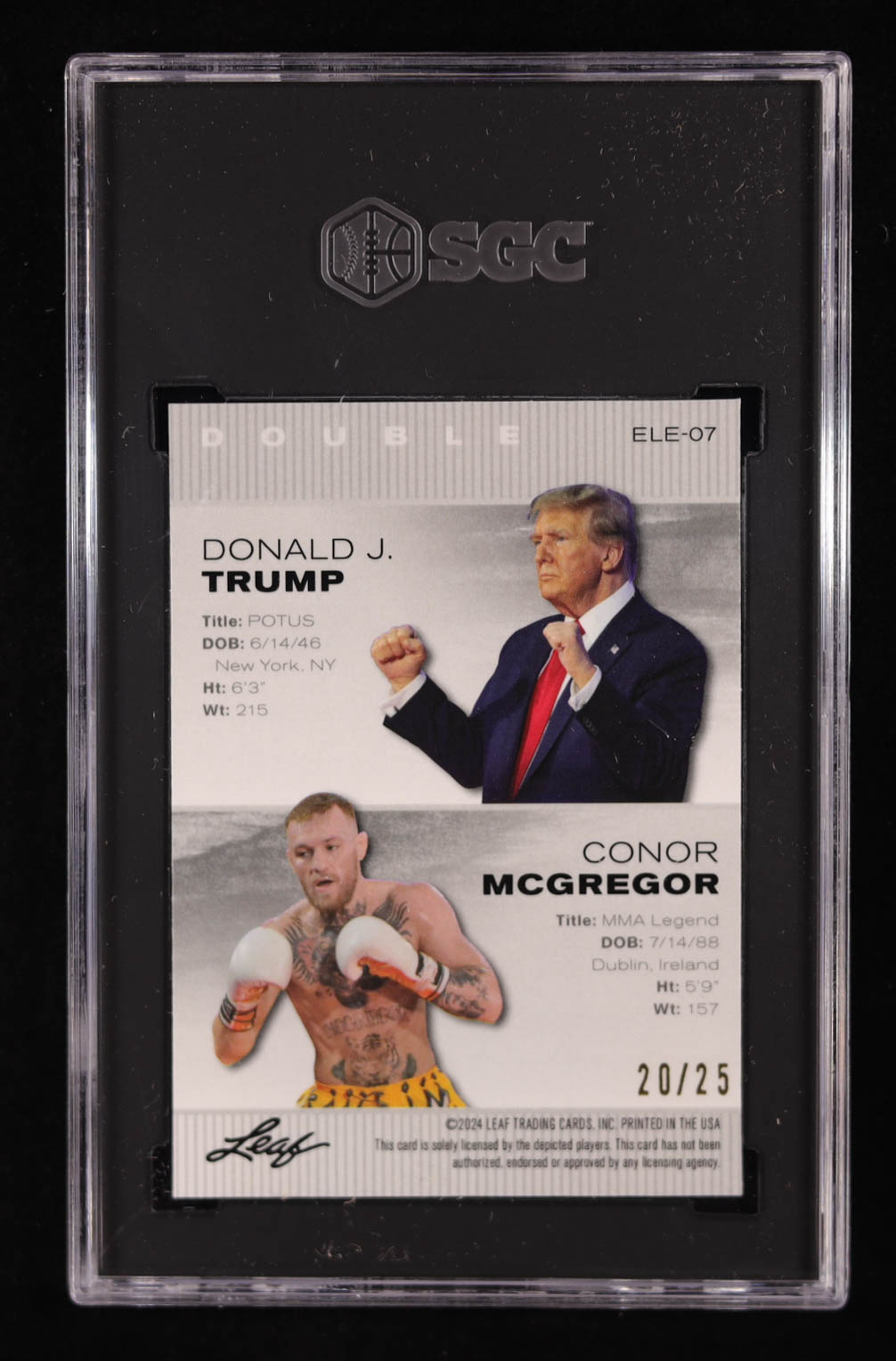 Donald Trump / Conor McGregor 2024 Leaf Special Release Metal Exclusive Legends Edition Silver Wave #ELE07 #20/25 (SGC 10) at PristineAuction.com Donald Trump / Conor McGregor 2024 Leaf Special Release Metal Exclusive Legends Edition Silver Wave #ELE07 #20/25 (SGC 10) at PristineAuction.com