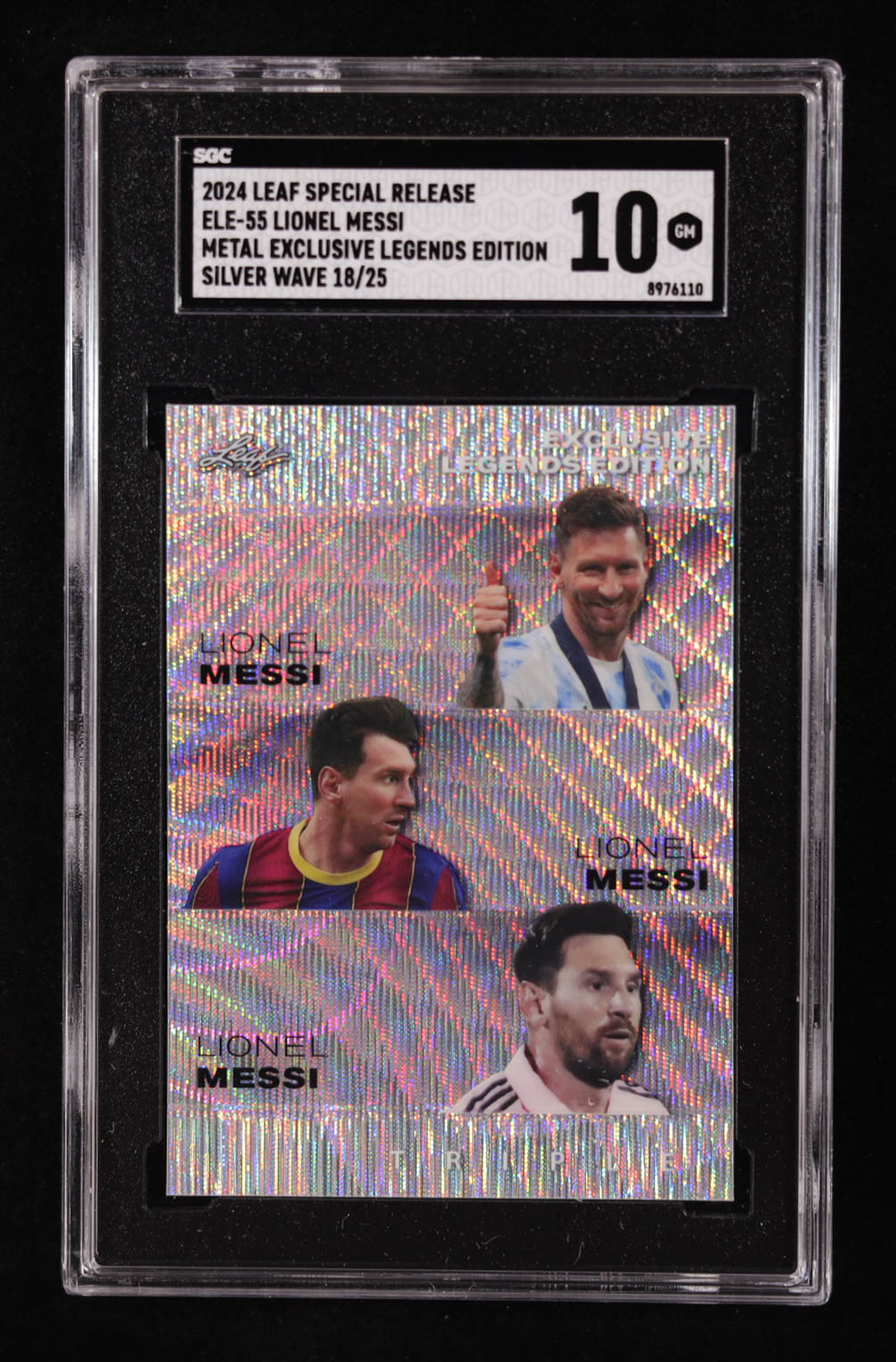 Lionel Messi 2024 Leaf Special Release Metal Exclusive Legends Silver Wave #ELE55 #18/25 (SGC 10) at PristineAuction.com Lionel Messi 2024 Leaf Special Release Metal Exclusive Legends Silver Wave #ELE55 #18/25 (SGC 10) at PristineAuction.com