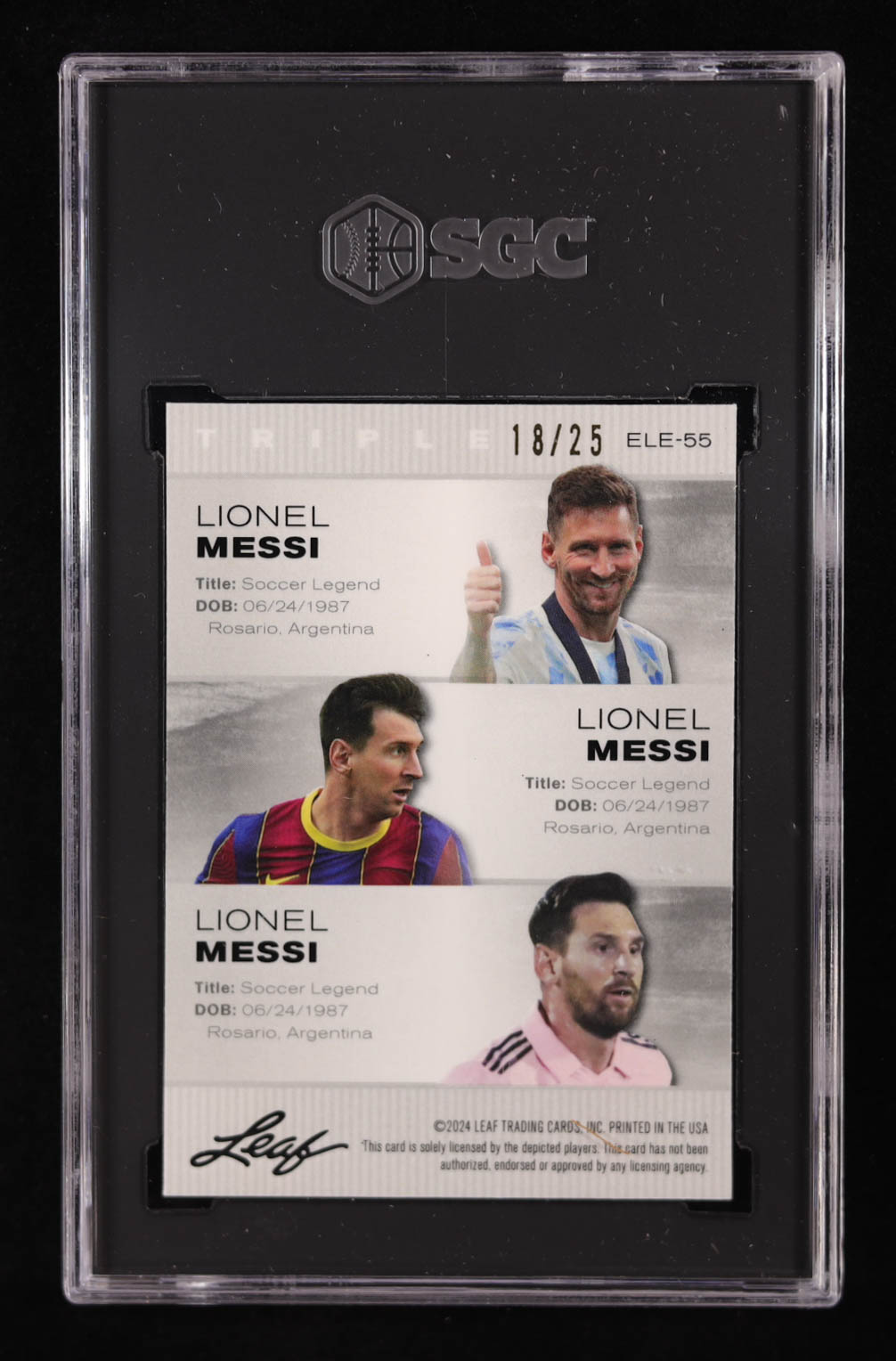 Lionel Messi 2024 Leaf Special Release Metal Exclusive Legends Silver Wave #ELE55 #18/25 (SGC 10) at PristineAuction.com Lionel Messi 2024 Leaf Special Release Metal Exclusive Legends Silver Wave #ELE55 #18/25 (SGC 10) at PristineAuction.com