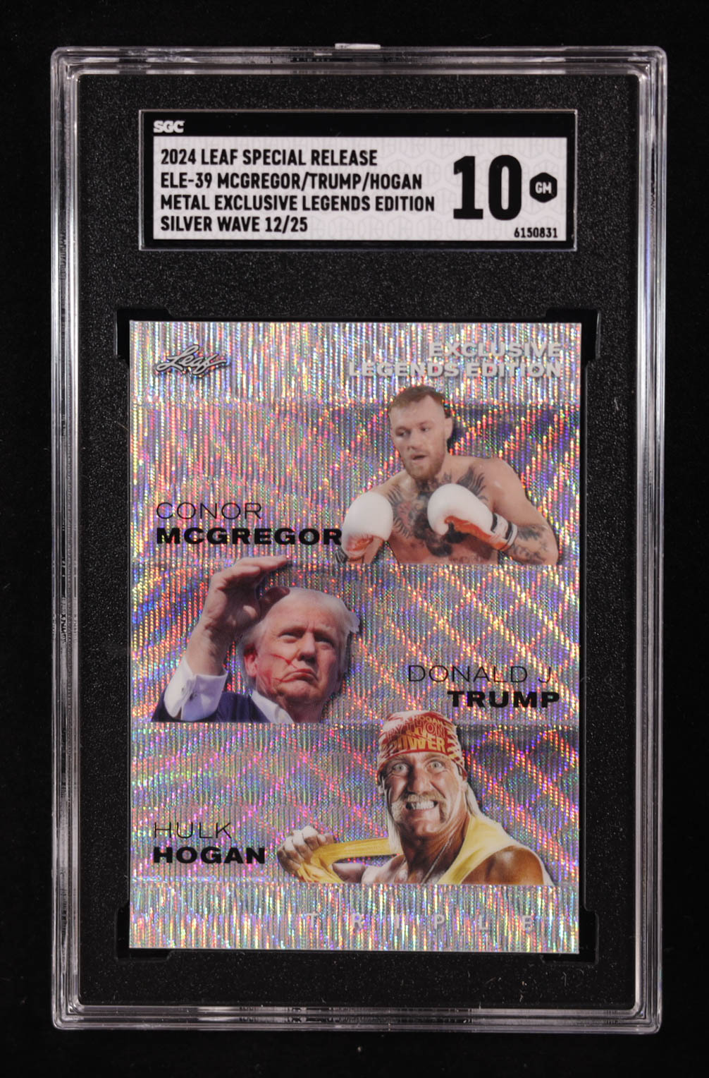 Conor McGregor / Donald Trump / Hulk Hogan 2024 Leaf Special Release Metal Exclusive Legends Silver Wave #ELE39 #12/25 (SGC 10) at PristineAuction.com Conor McGregor / Donald Trump / Hulk Hogan 2024 Leaf Special Release Metal Exclusive Legends Silver Wave #ELE39 #12/25 (SGC 10) at PristineAuction.com