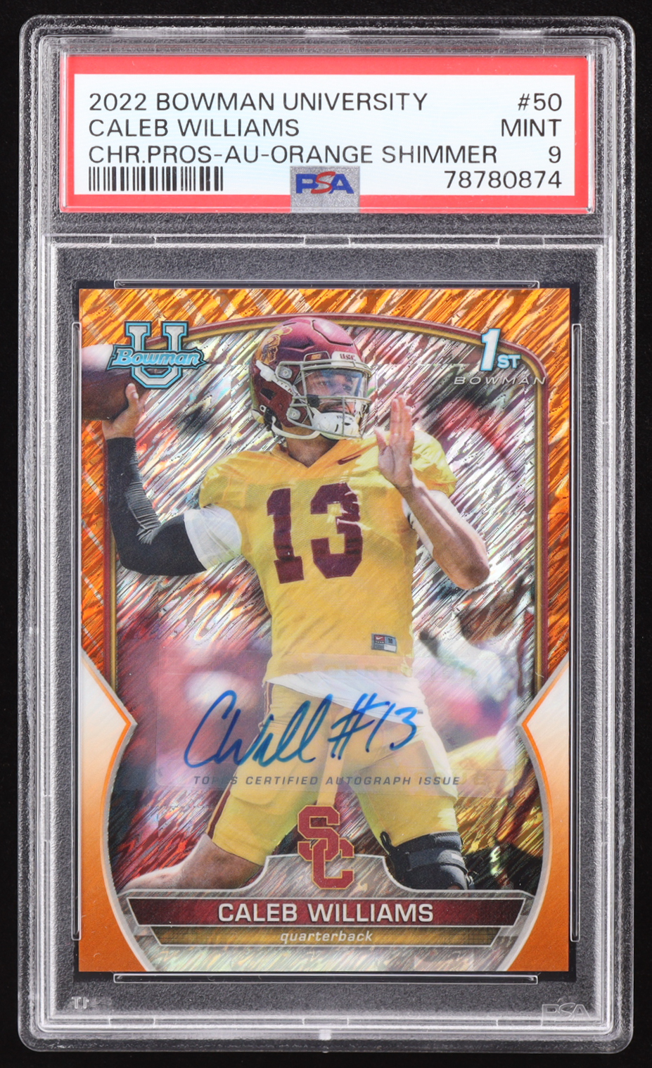 Caleb Williams 2022 Bowman Chrome University Autographs Orange Shimmer Refractors #50 RC #05/25 (PSA 9) at PristineAuction.com Caleb Williams 2022 Bowman Chrome University Autographs Orange Shimmer Refractors #50 RC #05/25 (PSA 9) at PristineAuction.com