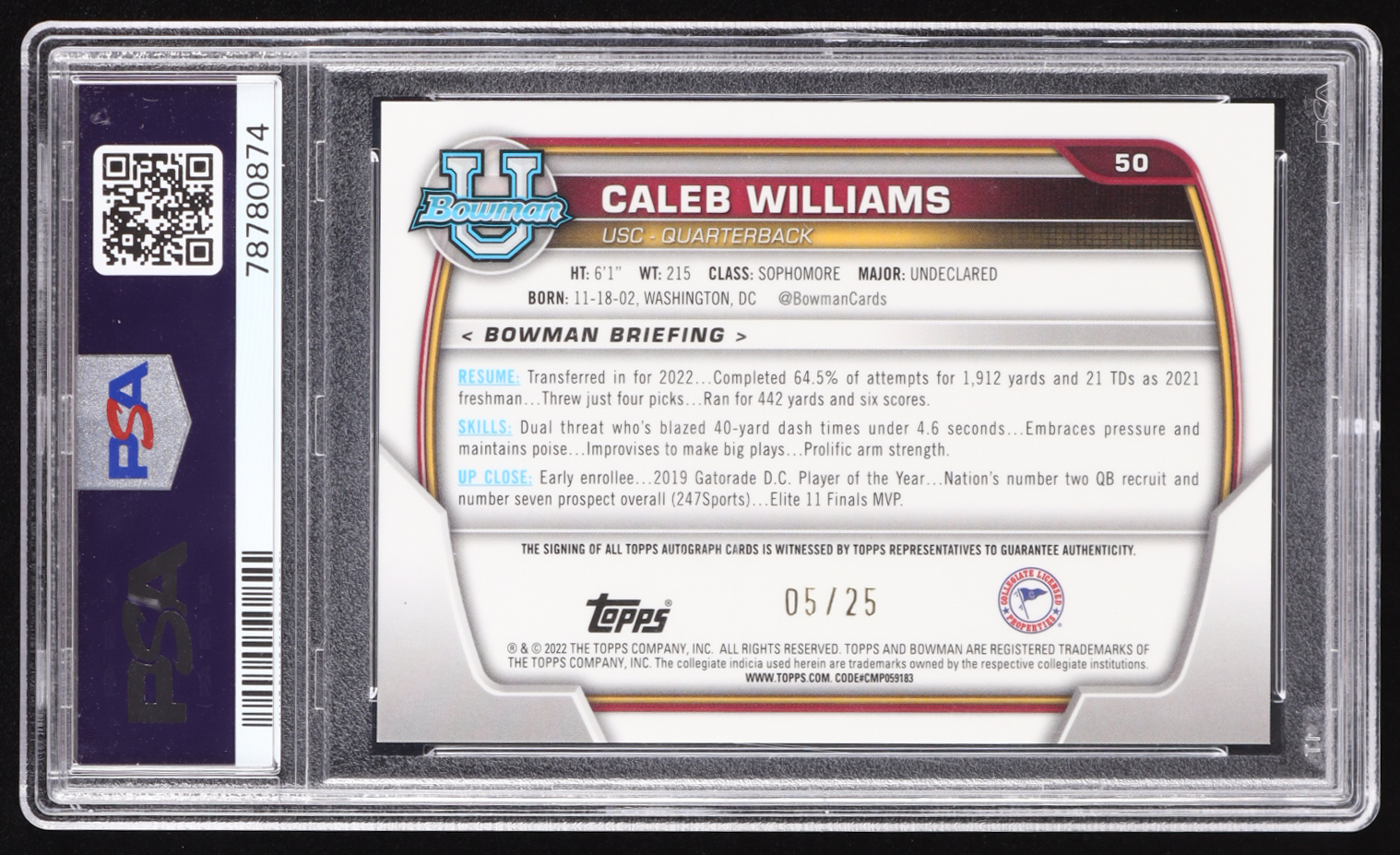 Caleb Williams 2022 Bowman Chrome University Autographs Orange Shimmer Refractors #50 RC #05/25 (PSA 9) at PristineAuction.com Caleb Williams 2022 Bowman Chrome University Autographs Orange Shimmer Refractors #50 RC #05/25 (PSA 9) at PristineAuction.com