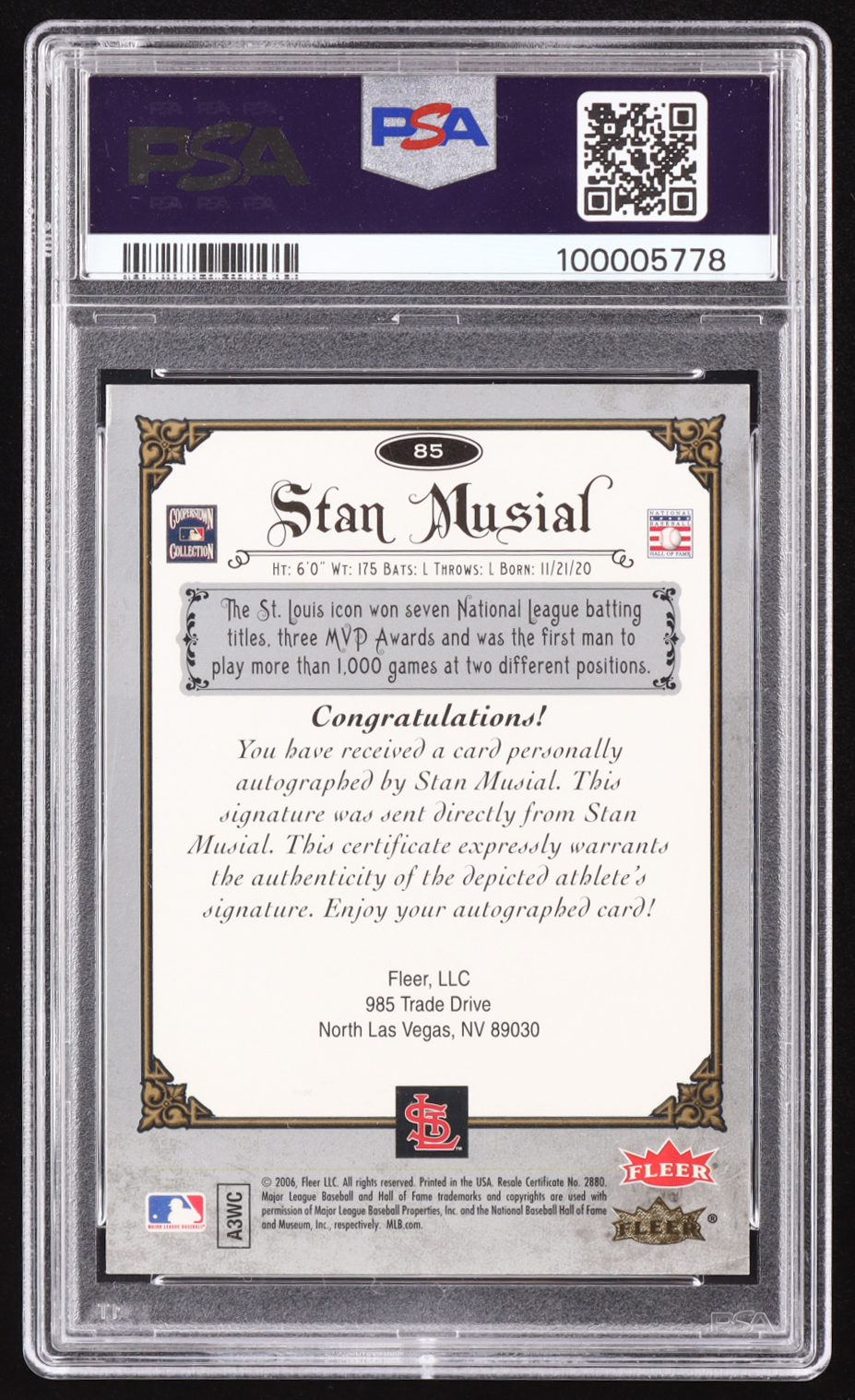 Stan Musial 2006 Greats of the Game Autographs T2 #85 (PSA 6 | Auto Grade PSA 9) at PristineAuction.com Stan Musial 2006 Greats of the Game Autographs T2 #85 (PSA 6 | Auto Grade PSA 9) at PristineAuction.com