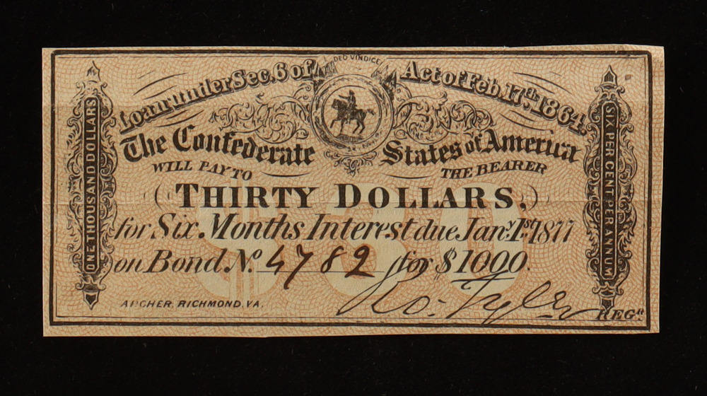1864 $30 Confederate States of America CSA Bank Note Bond at PristineAuction.com 1864 $30 Confederate States of America CSA Bank Note Bond at PristineAuction.com