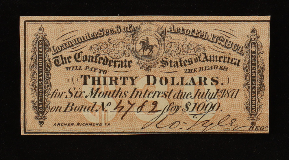 1864 $30 Confederate States of America CSA Bank Note Bond at PristineAuction.com 1864 $30 Confederate States of America CSA Bank Note Bond at PristineAuction.com