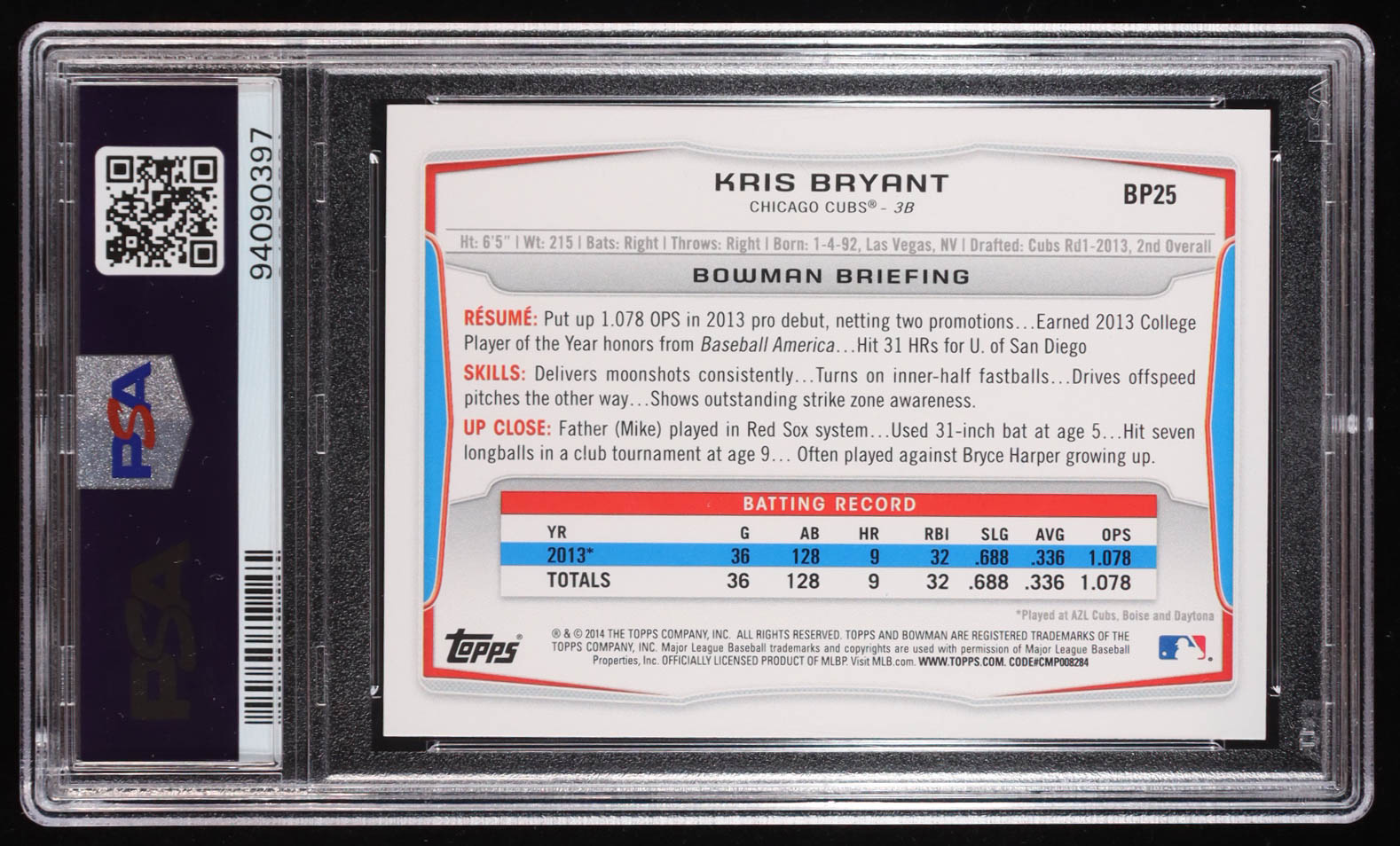 Kris Bryant Signed 2014 Bowman Prospects #BP25 RC (PSA 9 | Auto Grade PSA 10) at PristineAuction.com Kris Bryant Signed 2014 Bowman Prospects #BP25 RC (PSA 9 | Auto Grade PSA 10) at PristineAuction.com