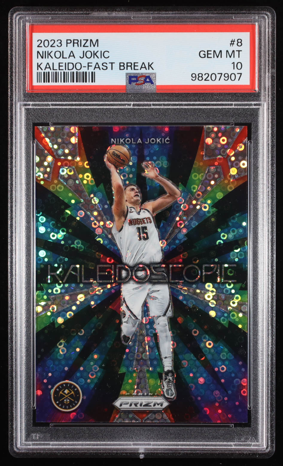 Nikola Jokic 2023-24 Panini Prizm Kaleidoscopic Prizms Fast Break #8 (PSA 10) at PristineAuction.com Nikola Jokic 2023-24 Panini Prizm Kaleidoscopic Prizms Fast Break #8 (PSA 10) at PristineAuction.com