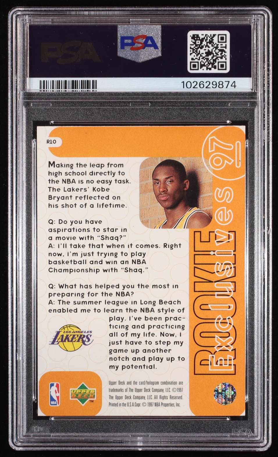 Kobe Bryant 1996-97 Upper Deck Rookie Exclusives #R10 RC (PSA 9) at PristineAuction.com Kobe Bryant 1996-97 Upper Deck Rookie Exclusives #R10 RC (PSA 9) at PristineAuction.com