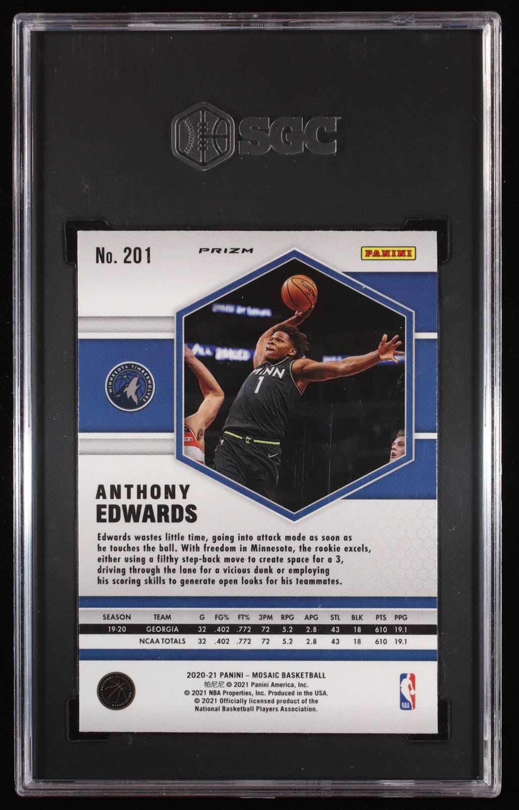Anthony Edwards 2020-21 Panini Mosaic Mosaic Reactive Blue #201 RC (SGC 9) at PristineAuction.com Anthony Edwards 2020-21 Panini Mosaic Mosaic Reactive Blue #201 RC (SGC 9) at PristineAuction.com