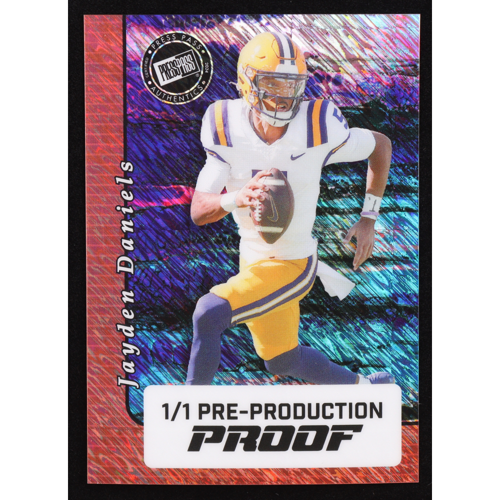 Jayden Daniels 2024 Press Pass Pre-Production Proof Shimmer Orange RC #1/1 at PristineAuction.com