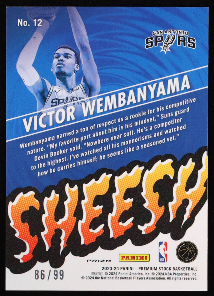 Victor Wembanyama 2023-24 Hoops Premium Stock Sheesh Blue Ice #12 #86/99 RC at PristineAuction.com Victor Wembanyama 2023-24 Hoops Premium Stock Sheesh Blue Ice #12 #86/99 RC at PristineAuction.com