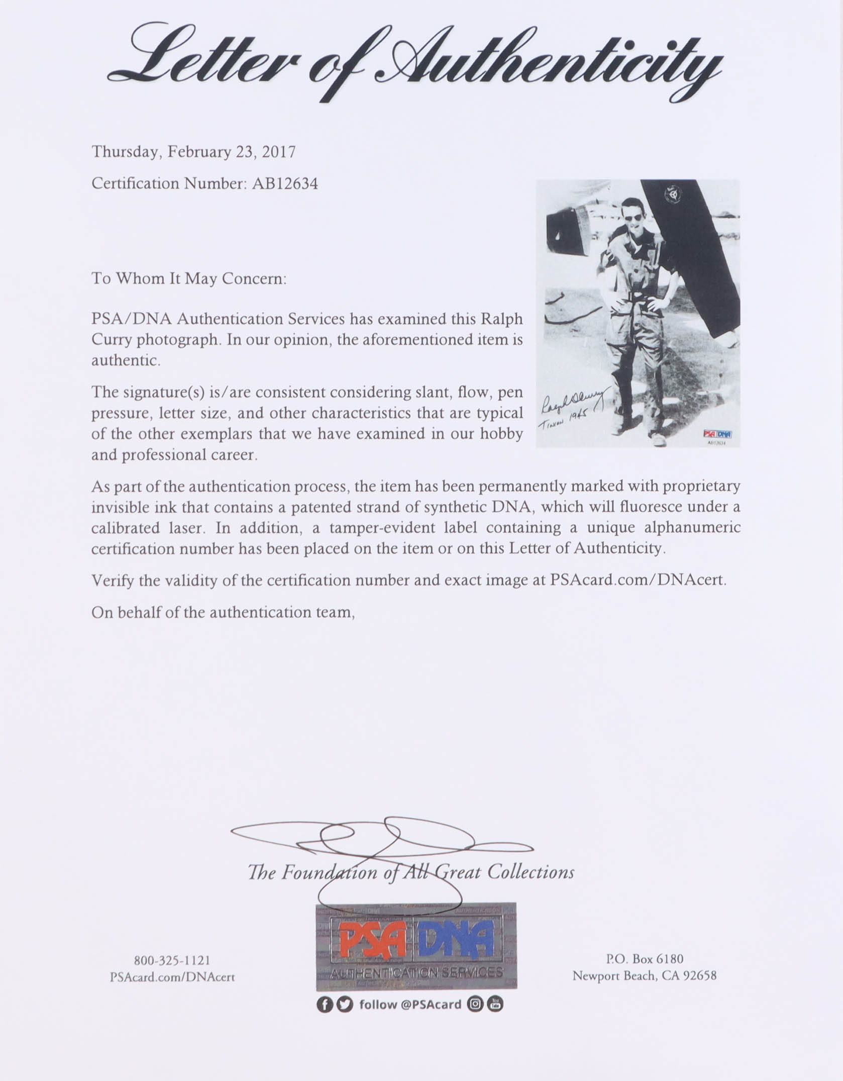 Ralph Curry Signed 5x7 Photograph (PSA) WWII B-29 Radio Operator Nagasaki Mission at PristineAuction.com Ralph Curry Signed 5x7 Photograph (PSA) WWII B-29 Radio Operator Nagasaki Mission at PristineAuction.com