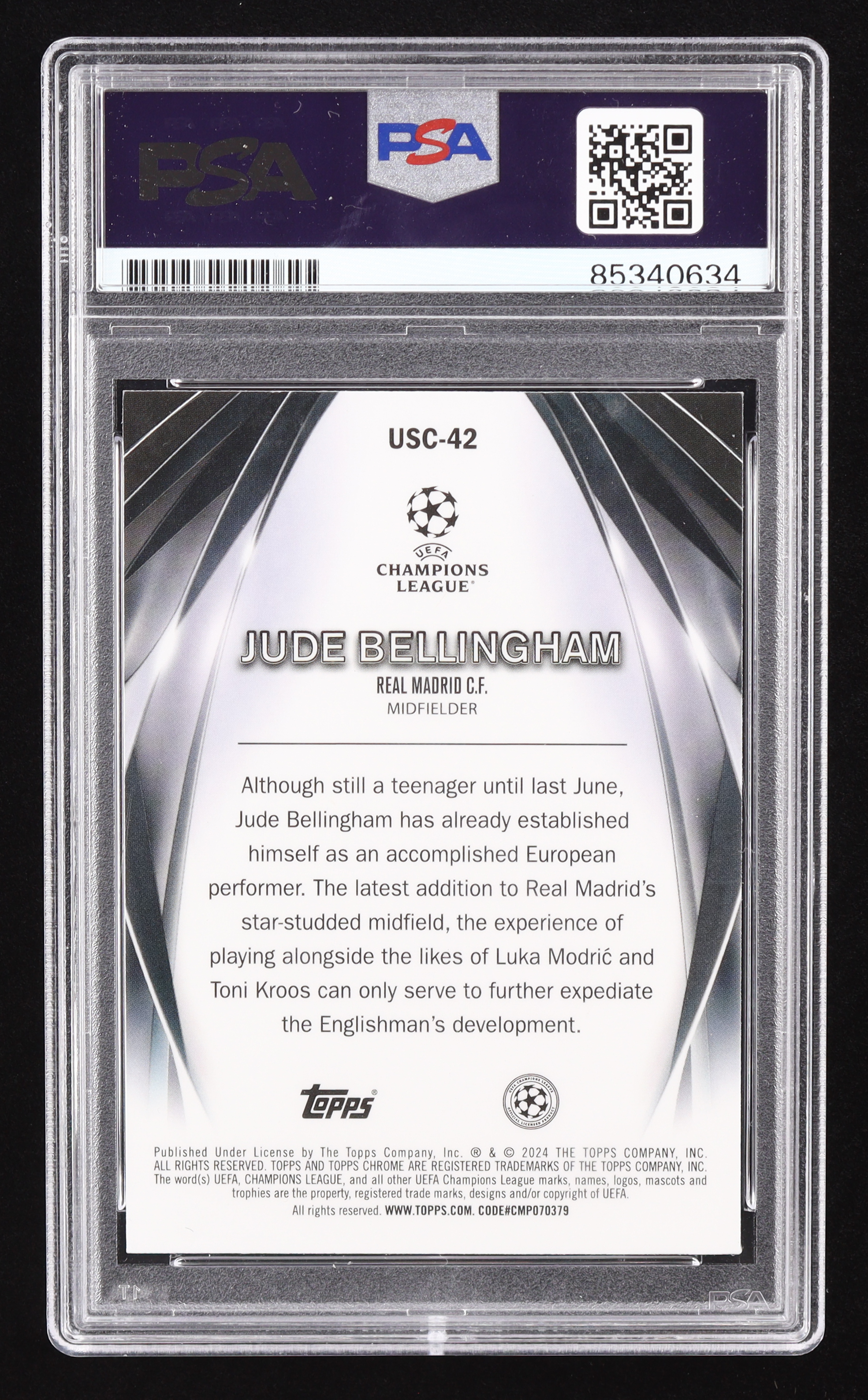 Jude Bellingham Signed 2023-24 Topps UEFA Club Competitions Ultimate Stage Chrome #USC42 (PSA | Auto Grade PSA Authentic) at PristineAuction.com Jude Bellingham Signed 2023-24 Topps UEFA Club Competitions Ultimate Stage Chrome #USC42 (PSA | Auto Grade PSA Authentic) at PristineAuction.com
